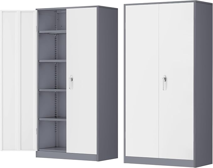 Metal Storage Cabinet Doors, 72" Locking Steel Storage Cabinet with Shelves, Tall Lockable Steel Cabinets for Home Office, Garage(New Grey) by INTERGREAT