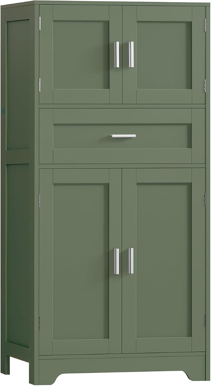 Bathroom Floor Storage Cabinet with Adjustable Shelf, Freestanding Storage Cabinet with 4 Doors, Cupboard for Living Room, Home Office, Entryway, Forest Green by TEENFON