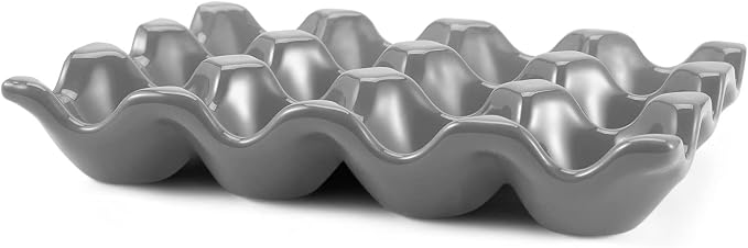 Flexzion 12 Cups Ceramic Egg Holder for Fridge - Dozen Ceramic Egg Tray Porcelain Container Storage Organizer Decorative Serving Stand Serveware for Refrigerator Countertop Display (Gray) - Image 2