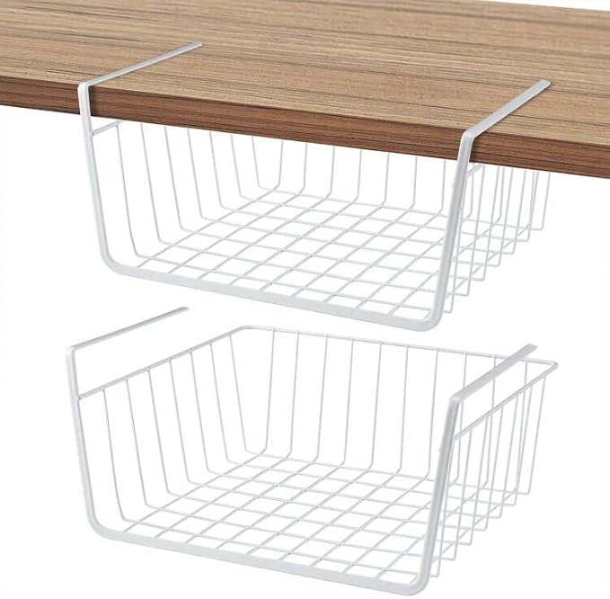 Under Shelf Basket 2 Pack Pantry Shelf Organizer White Metal Cabinet Shelf | Creates Instant Storage Under Existing Shelves Heavy Duty Metal Holds 22 lbs No Installation Pantry Cabinet Closet Organizer by ELEATTRUN