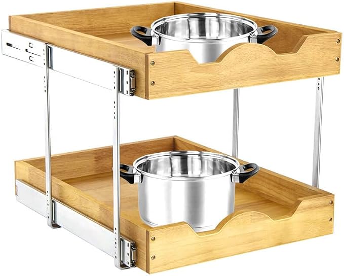 DINDON 2 Tier Pull Out Cabinet Organizer (14" W x 18" D) Slide Out Wood Drawer, Two Tier Sliding Shelf Organization and Storage… - Image 7