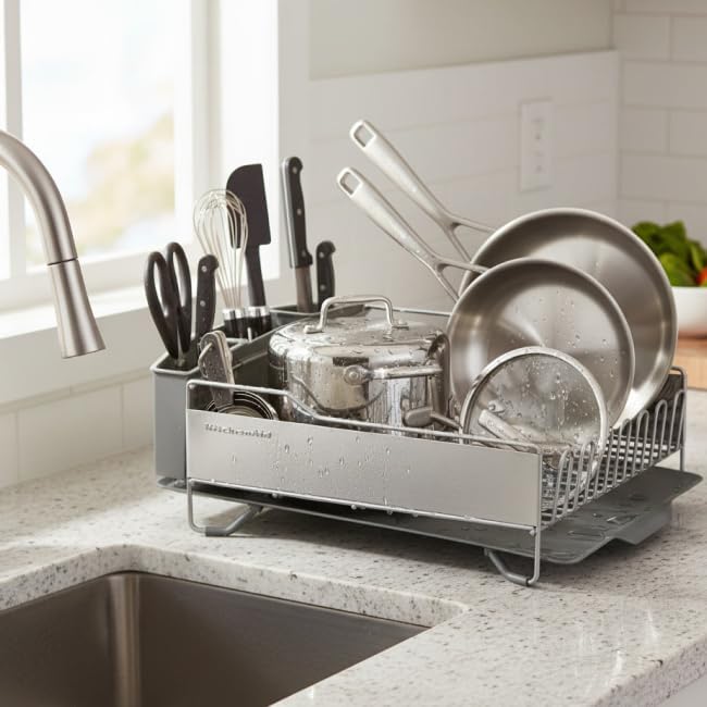 KitchenAid Large Capacity Full Size Rust Resistant Dish Rack with Angled Drain Board and Removable Flatware Caddy, Light Grey - Image 2