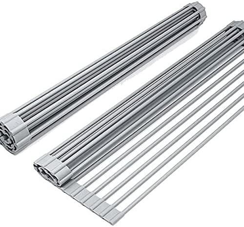 Bigdata&BetterLife Roll Up Dish Drying Rack Simple Large Space Saving Dish Drying Mat with Rack for Kitchen Foldable Silicone Coated Stainless Steel Heavy Duty Dry Rack (Gray, 20.5" x 13.1") by CASASUNCO