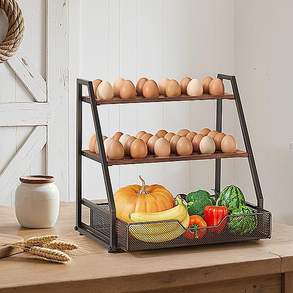 3-Tier Wooden Egg Holder with Basket, Holds 130+ Eggs | Sturdy wooden egg holder, holds 36+90 eggs, carry handle for easy gathering & transport. - Image 2