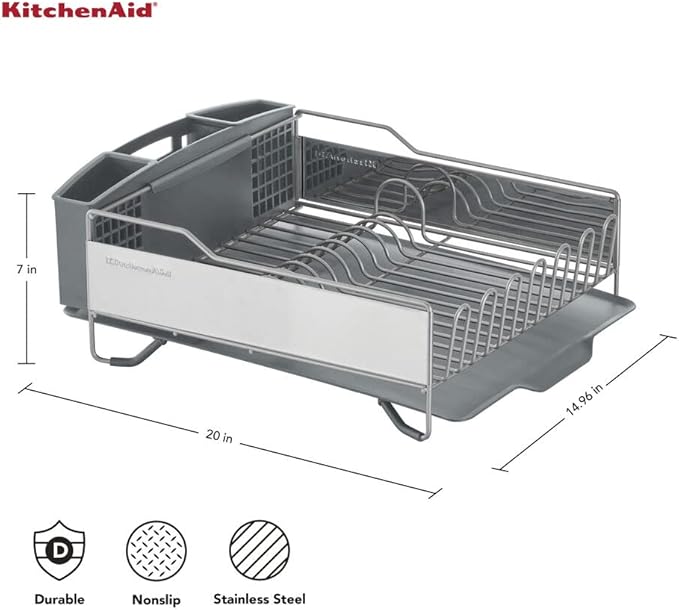 KitchenAid Large Capacity Full Size Rust Resistant Dish Rack with Angled Drain Board and Removable Flatware Caddy, Light Grey - Image 3