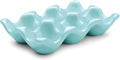 Flexzion Ceramic Egg Holder for Fridge - 6 Cups Egg Tray Half Dozen Porcelain Container Keeper Storage Organizer Decorative Serving Dish Serveware for Refrigerator Countertop Display Kitchen (Blue) by Flexzion
