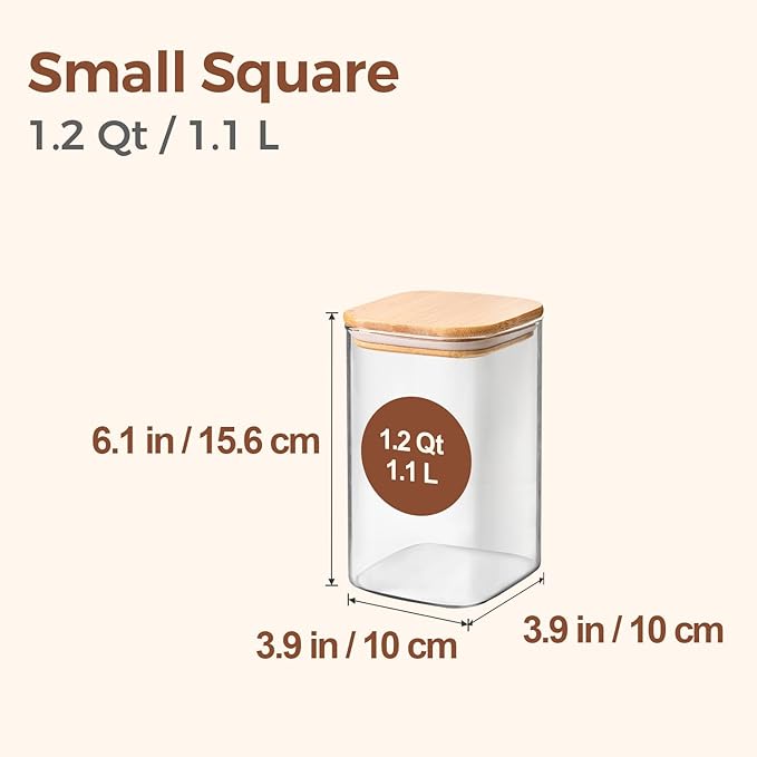 ComSaf 1.2 QT Glass Storage Containers with Lids, Glass Jars with Lids, Clear Food Jar, Square Canister Set of 6, Pantry Organizers and Storage for Cookie Flour Oat Pasta Tea Coffee Bean (Pack of 2) - Image 2