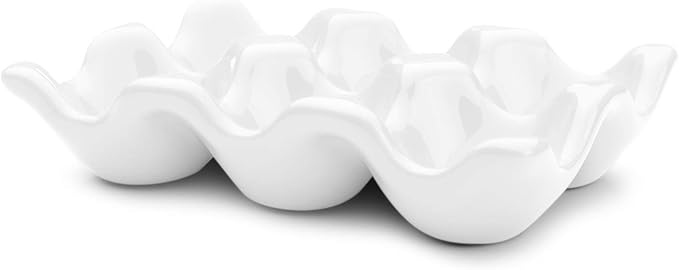 Flexzion Ceramic Egg Holder for Fridge - 6 Cups Egg Tray Half Dozen Porcelain Container Keeper Storage Organizer Decorative Serving Dish Serveware for Refrigerator Countertop Display Kitchen (White) - Image 2