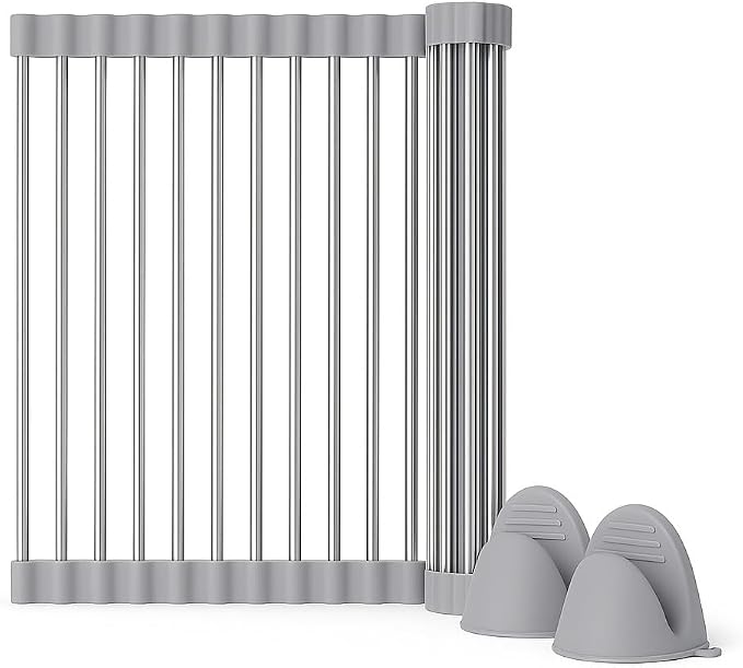 Over Sink Dish Dryng Rack - Roll Up Stainless Stell & Silicone Drying mat, Heat Resistant, Non-Slip & Foldable, Space Saving Kitchen Organizer (17.3"x 15.7") by Unknown