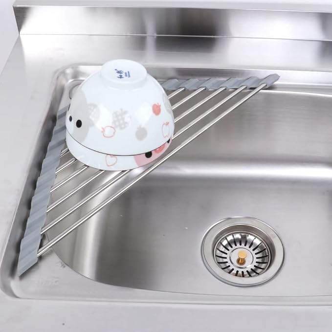 Ahyuan Roll up Dish Drying Rack Over The Sink Kitchen Roll up Sink Drying Rack Portable Dish Drainer Foldable Dish Drying Rack (Warm Gray, Triangle 16.3''X9.4'') - Image 5