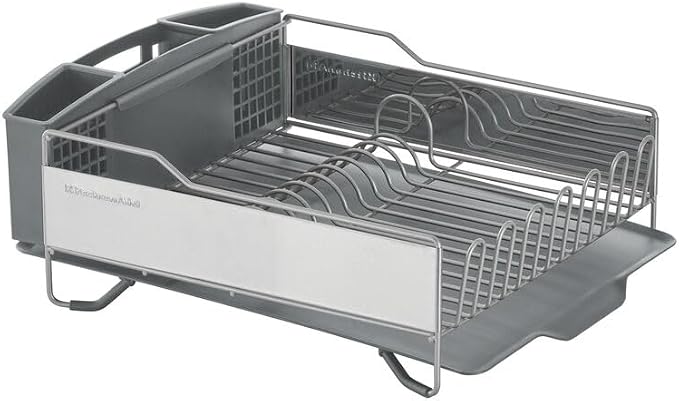 KitchenAid Large Capacity Full Size Rust Resistant Dish Rack with Angled Drain Board and Removable Flatware Caddy, Light Grey - Image 6