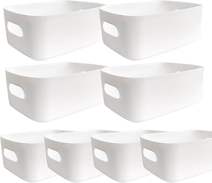 8 Pack Plastic Storage Bins and Baskets, White Storage Containers for Kitchen, Bathroom, Office, Under Sink Organizer, 4 Large and 4 Middle by Rainmae