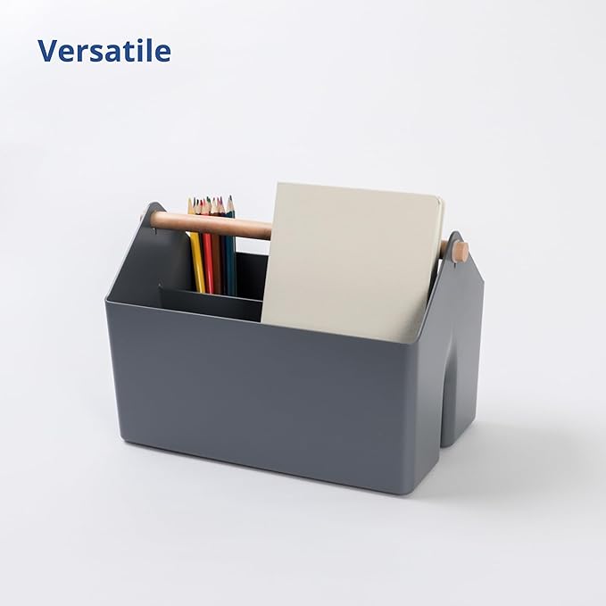 BLUE GINKGO Medium Storage Basket – Plastic Caddy with Wooden Handle for Office, Arts & Crafts, or Home Supplies (Gray) (Pack of 2) - Image 3