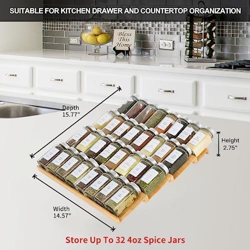 Spice Drawer Organzier,4 Tiers Bamboo Spice Rack Tray Insert for Cabinet Drawer Countertop, Kitchen Seasoning Storage Drawer Organization,14.57" Wide x 15.8" Deep （Hold UP To 32 Jars - Image 7
