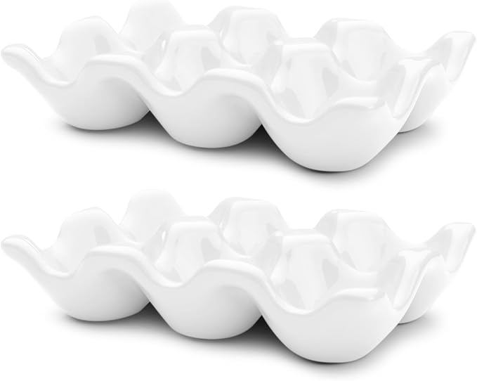 Flexzion Porcelain Egg Crate - 6 Capacity Ceramic Tray, Half Dozen Holder, White Decorative Serving Dish and Storage Organizer, 2 Pack - Image 2