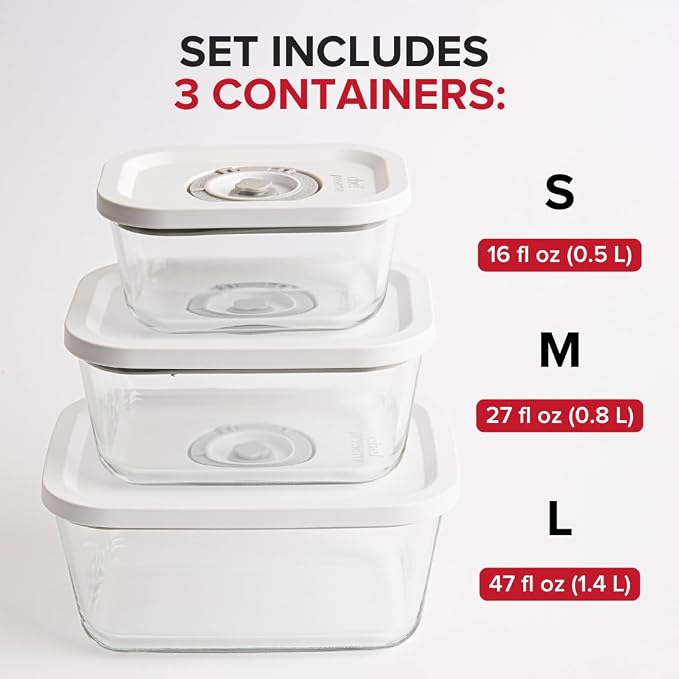 Chef Preserve Glass Vacuum Seal Containers for Food Storage, Made For Compact Vacuum Sealer, 3pcs set [1x Small, 1x Medium, 1x Large] Works With Handheld Vacuum Sealer Machine - Image 4