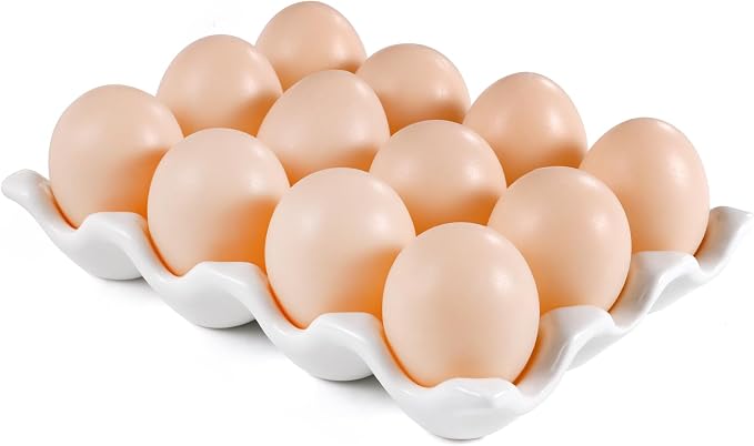 Ceramic 12 Cups Egg Tray - 1 Dozen Porcelain Egg Holder Container Keeper Storage Organizer Decorative Serving Dish Plate for Refrigerator Fridge Countertop Display Kitchen Home (White 12 Eggs) - Image 2
