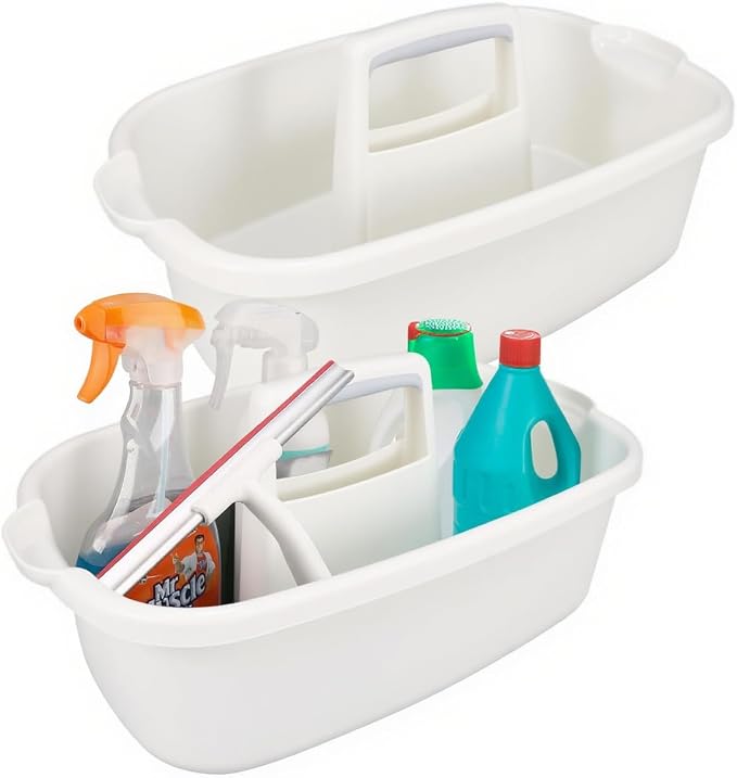 2 Pack Cleaning Supply Caddy with Handle, Portable Shower Caddy Organizer Plastic Basket with Handle, Stackable Tool Storage for Bathroom, Garden, Kitchen, Home Organization, White by SYAOYI