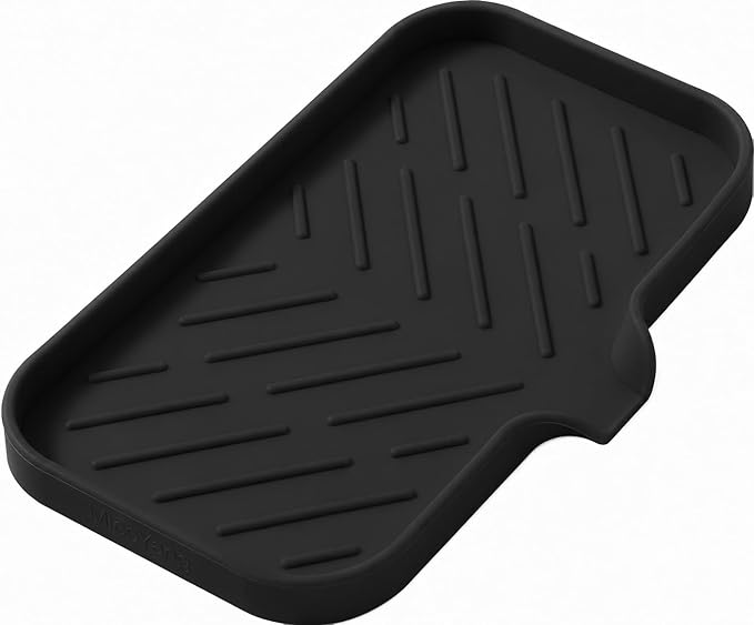 MicoYang Silicone Soap Dish with Drain Spout — Self-Draining Sink Organizer Tray for Bathroom & Kitchen, Sponges, Dispensers & Soap Holder, Non-Slip & Dishwasher Safe, Black (Medium, 9.6"×5.3") by MicoYang