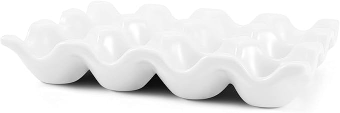 Flexzion Egg Ceramic & Porcelain Egg Holder, 12-Piece Non-Slip Tray Storage Box, White - Image 2