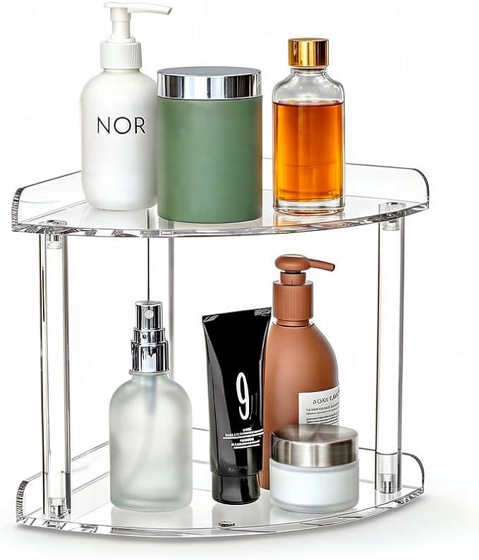 2 Tier Clear Acrylic Bathroom Corner Organizer, Countertop Vanity Tray for Makeup, Cosmetics, Perfume - Freestanding Storage Shelf for Bathroom, Bedroom, Kitchen by SCNWQ