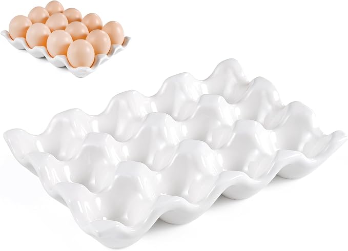 Ceramic 12 Cups Egg Tray - 1 Dozen Porcelain Egg Holder Container Keeper Storage Organizer Decorative Serving Dish Plate for Refrigerator Fridge Countertop Display Kitchen Home (White 12 Eggs) by TENINYU