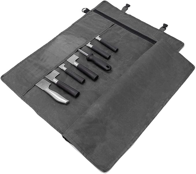 Chef’s Knife Roll Bag,Waxed Canvas Knife Cultery Carrier, Portable Chef Knife Cases,Knife Pouch Holders With 10 Slots Plus 1 Zipper Pockets Can Hold Home Kitchen Knife Tools Up To 18.8” by HERSENT