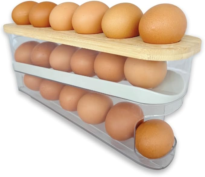 18 Egg Dispenser for Refrigerator - Durable Organizer with Wooden Lid, Space-Saving Storage Bin for Freshness, Kitchen Organization, Easy Access & Stylish Design by Unknown