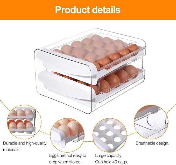 SYLAB Egg Holder for Refrigerator - 32 Eggs Capacity, 2-Tier Stackable Auto-Rolling Egg Container with Drawer & Handles - Clear BPA-Free Egg Storage Organizer for Fridge, Kitchen Countertop & Pantry - Image 3