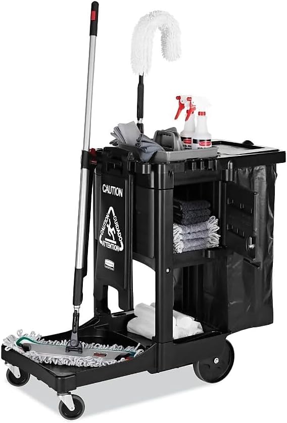 Rubbermaid Commercial Products Executive Series Janitorial and Housekeeping Cleaning Cart with Locking Cabinet, Wheeled with Zippered Black Vinyl Bag, Black, 38.4" H x 21.8" W x 46" L - Image 5