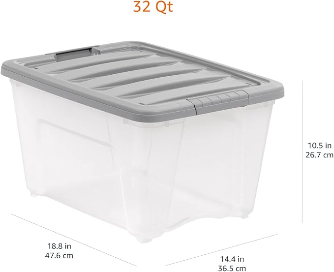 Amazon Basics Plastic Storage Containers with Secure Latching Lids, Stackable Organization Bins, Clear/Grey, 32 Quart, Set of 6 - Image 7