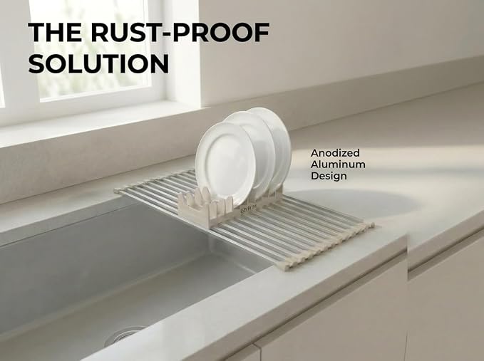 Medium Aluminum Roll Up Dish Drying Rack 17" x 13" with Dish Holder | Square aluminum bars, Available in 3 sizes & 2 colors, Rolls up for easy storage, Removable dish holder, Heat resistant - Image 2