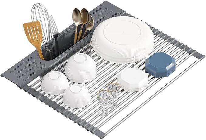 Roll Up Dish Drying Rack Over Sink, 20" X 15.2" Foldable SUS304 Stainless Steel Kitchen Dish Drainer, Heat-Resistant Multipurpose Rolling Sink Rack Organizer, Grey by KEGFRES