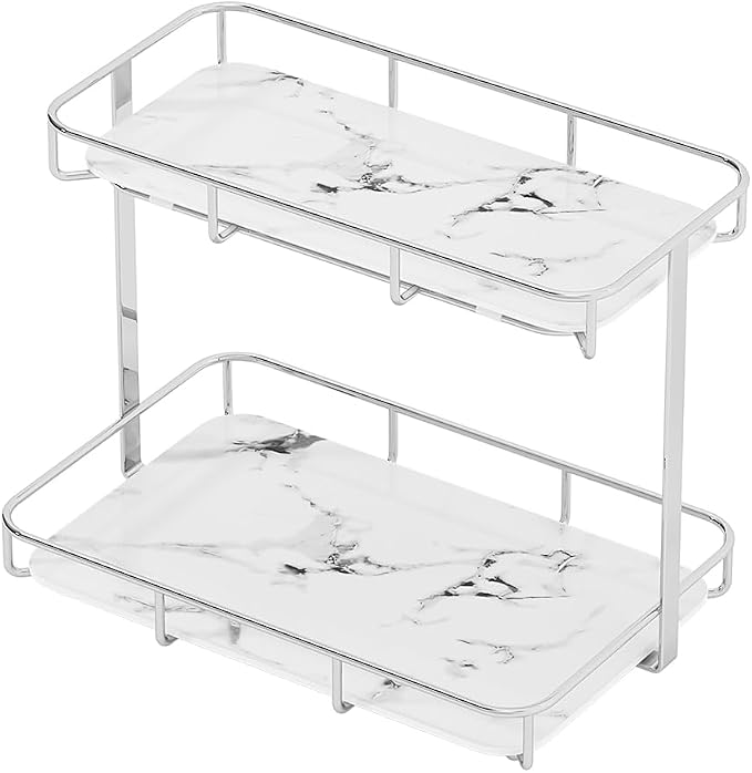 Bathroom Organizer Countertop Perfume Organizer Makeup Organizer Cosmetics Storage Display Rack Vanity Tray Dresser Stainless Steel Gold Shelf White Marble Ceramic Tray (2 Tier L-Sliver) | Perfume Organizer - Image 4