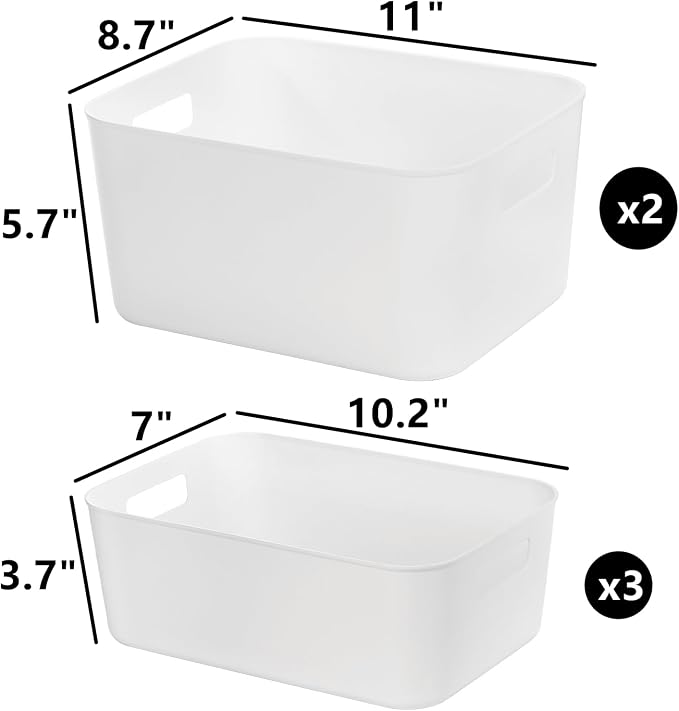 Peohud 5 Pack White Plastic Storage Bins, Pantry Organization and Storage Baskets with Handles, Open Plastic Storage Container for Home, Kitchen, Office, Shelves, Cabinet, Under Sink Organizer - Image 2
