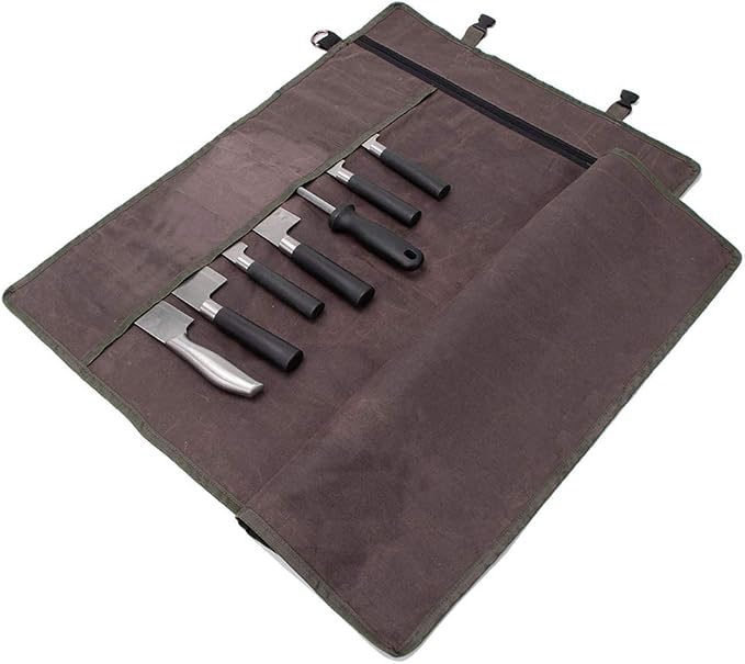 Chef’s Knife Roll Bag,Waxed Canvas Knife Cultery Carrier, Portable Chef Knife Cases,Knife Pouch Holders With 10 Slots Plus 1 Zipper Pockets Can Hold Home Kitchen Knife Tools Up To 18.8” by HERSENT