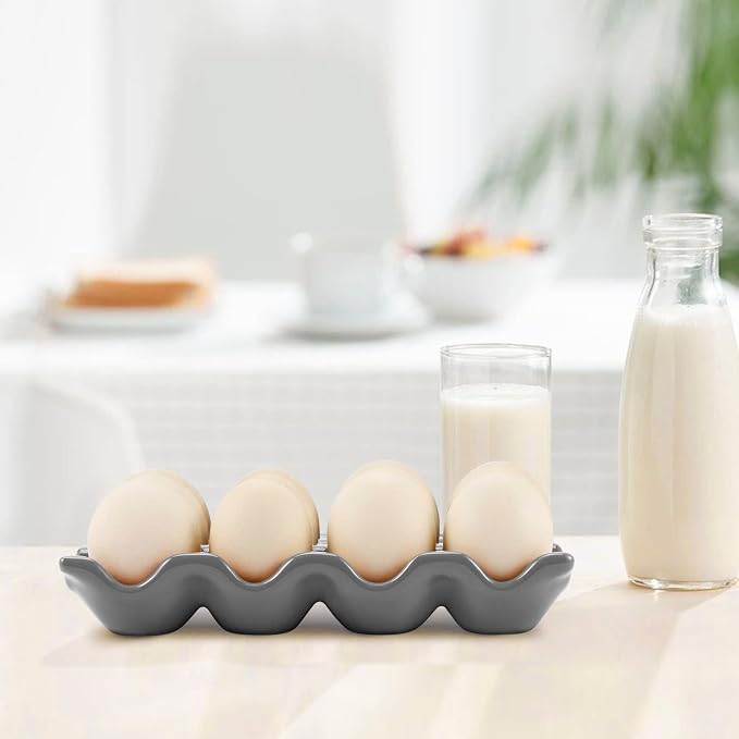 Flexzion 12 Cups Ceramic Egg Holder for Fridge - Dozen Ceramic Egg Tray Porcelain Container Storage Organizer Decorative Serving Stand Serveware for Refrigerator Countertop Display (Gray) - Image 4