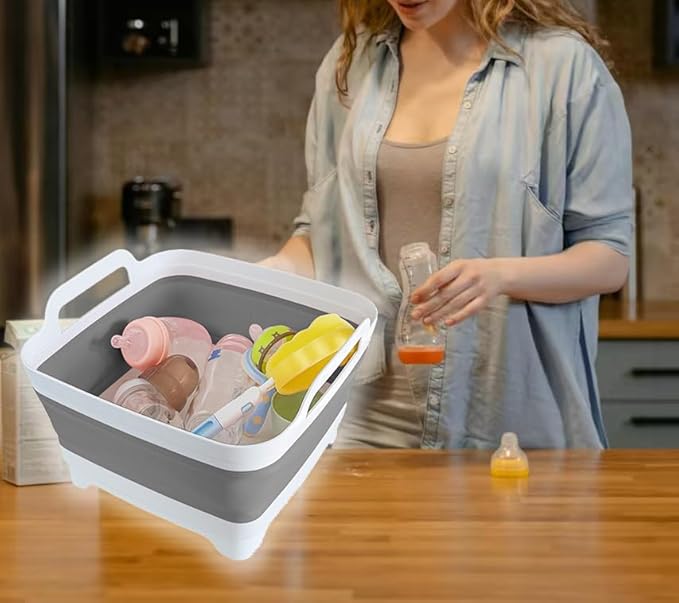 Collapsible Wash Basin with Drain Plug - 2.4 Gallon Foldable Kitchen Sink for Baby Bottles, RV Camping, Space-Saving Dish Tub (Gray-Gray) - Image 2