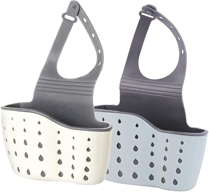 Kitchen Sink Caddy Sponge Holder Silicone Plastic Soap Holder Hanging Ajustable Strap Faucet Caddy with Drain Holes（2 Pack) by EC+ELEGANTCHAM