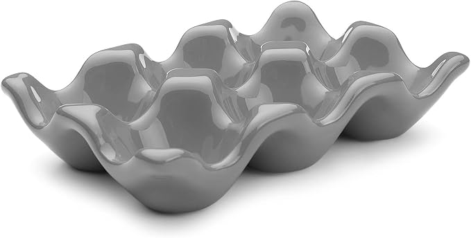 Flexzion Ceramic Egg Holder for Fridge - 6 Cups Egg Tray Half Dozen Porcelain Container Keeper Storage Organizer Decorative Serving Dish Serveware for Refrigerator Countertop Display Kitchen (Gray) by Flexzion