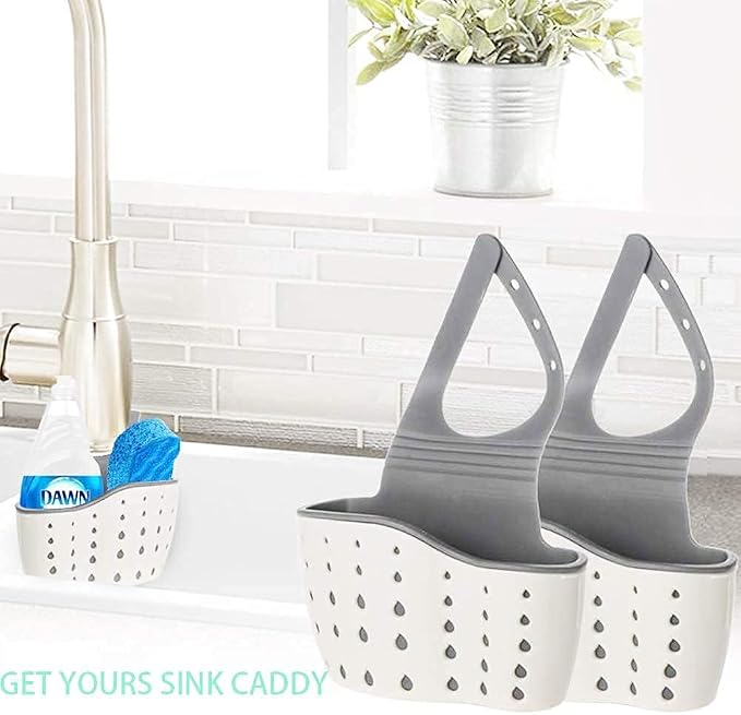 EC ELEGANTCHARM Kitchen Sink Caddy Sponge Holder Silicone Plastic Soap Holder Hanging Ajustable Strap Faucet Caddy with Drain Holes for Drying - Image 5