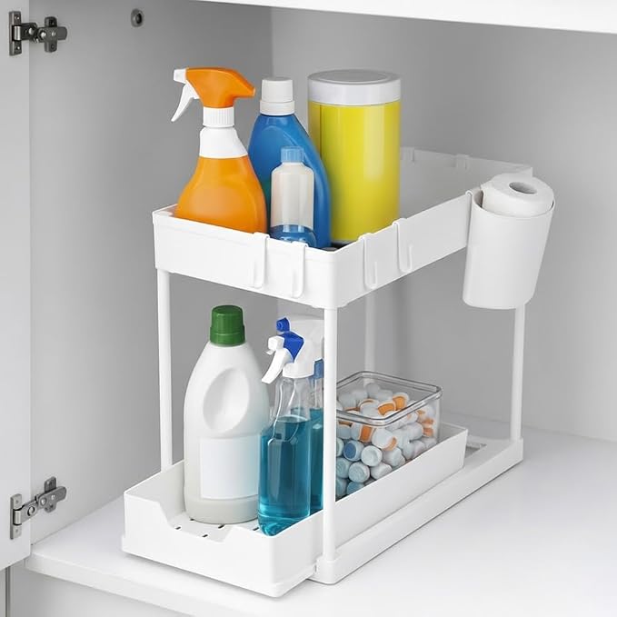 Undersink Organizer, 2-Tier Under Sink Storage Rack with Sliding Drawers for Kitchen Bathroom Cabinets, Pull Out Organizer for Pantry, Laundry Room & Closet Organization - 1 Pack, White by Unknown