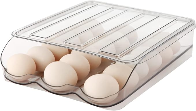 MesRosa Egg Holder for Fridge, Automatic Rolling Container Storage 18 Eggs | Clear Large Capacity Egg Organizer for Refrigerator with Lid, Stackable Dispenser, Tray & Bin, Saving Space -1 Layer by MesRosa