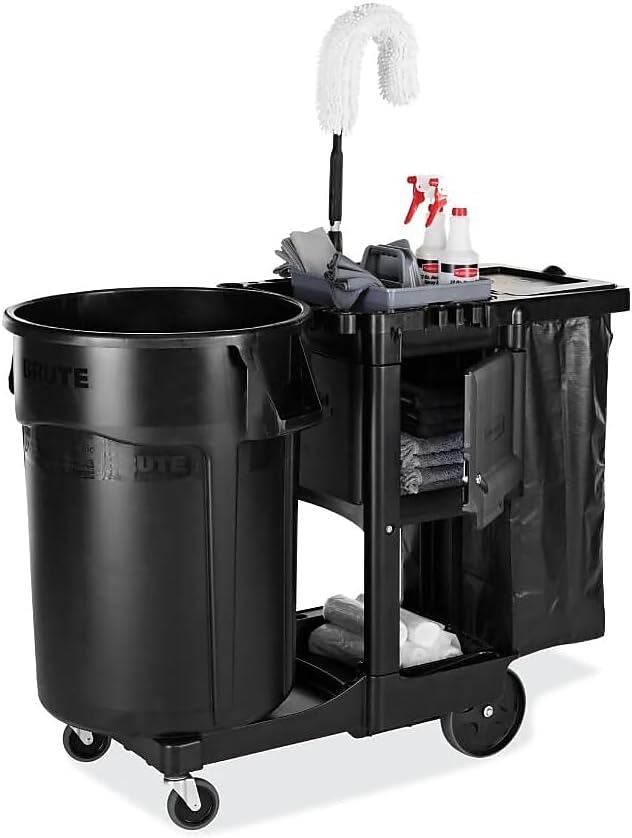 Rubbermaid Commercial Products Executive Series Janitorial and Housekeeping Cleaning Cart with Locking Cabinet, Wheeled with Zippered Black Vinyl Bag, Black, 38.4" H x 21.8" W x 46" L - Image 4