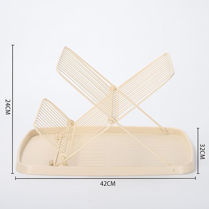 Folding Dish Drying Rack with Drip Tray with Drip Tray, 2 Tiers | Collapsible Dish Drainer, Large Capacity, Adjustable Expandable Wire Construction, For Kitchen Counter Easy Assembly, Cream - Image 4