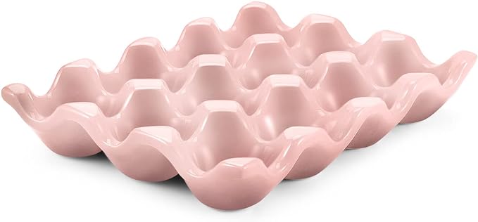 Flexzion Ceramic 12 Cups Egg Tray - Whole Dozen Porcelain Egg Holder Container Keeper Storage Organizer Decorative Serving Stand Serveware for Refrigerator Fridge Countertop Display Kitchen (Pink) by Flexzion