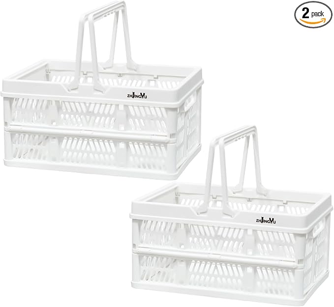 ZHJINGYU Plastic Basket Storage Crates,2-pack Plastic Baskets for organizing,Collapsible Shopping Basket,Foldable Crate with Handles,Collapsible Crate for Car,Kitchen,Bathroom,Medicine Grocery by ZHJINGYU