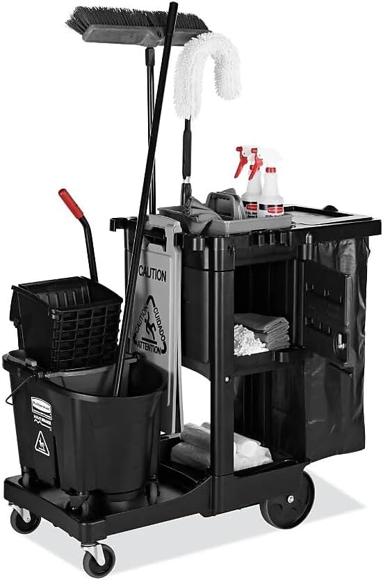Rubbermaid Commercial Products Executive Series Janitorial and Housekeeping Cleaning Cart with Locking Cabinet, Wheeled with Zippered Black Vinyl Bag, Black, 38.4" H x 21.8" W x 46" L - Image 3