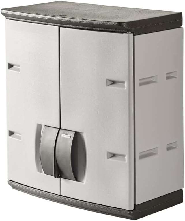Rubbermaid Wall Mounted Storage Cabinet with Doors 150-Pound Capacity Gray Lockable Three-Shelf Cubbard for Tools/Car Accessories/Cleaning in Home/Garage/Outdoor Areas by Unknown