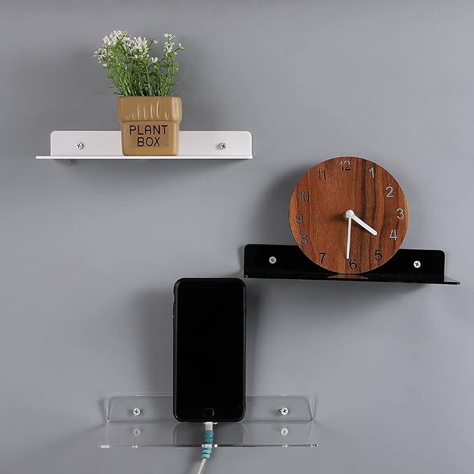 9 Inch Acrylic Floating Shelves Set of 4,Small Wall Display Shelf for Bluetooth Speakers/Security Cameras/Nintendo Switch/Action Figures,Damage-Free Wall Shelves Stick-On Shelf,White - Image 7